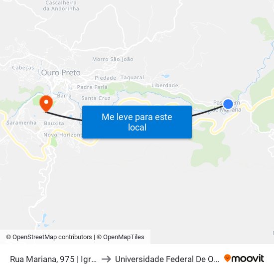 Rua Mariana, 975 | Igreja De Nossa Senhora Da Glória to Universidade Federal De Ouro Preto - Campus Morro Do Cuzeiro map