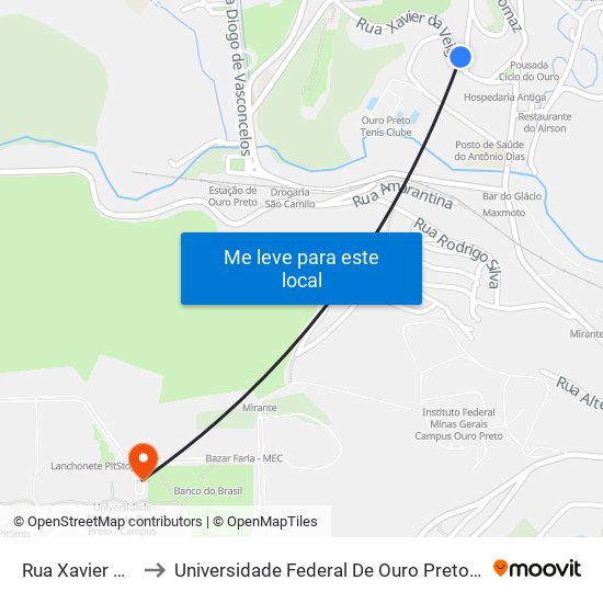 Rua Xavier Da Veiga, 60 to Universidade Federal De Ouro Preto - Campus Morro Do Cuzeiro map