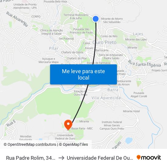 Rua Padre Rolim, 344 | Posto Horto Dos Contos to Universidade Federal De Ouro Preto - Campus Morro Do Cuzeiro map