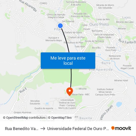 Rua Benedito Valadares, 250 | Inss to Universidade Federal De Ouro Preto - Campus Morro Do Cuzeiro map