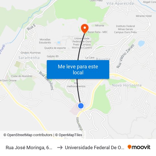 Rua José Moringa, 620 | Santa Casa De Misericórdia to Universidade Federal De Ouro Preto - Campus Morro Do Cuzeiro map
