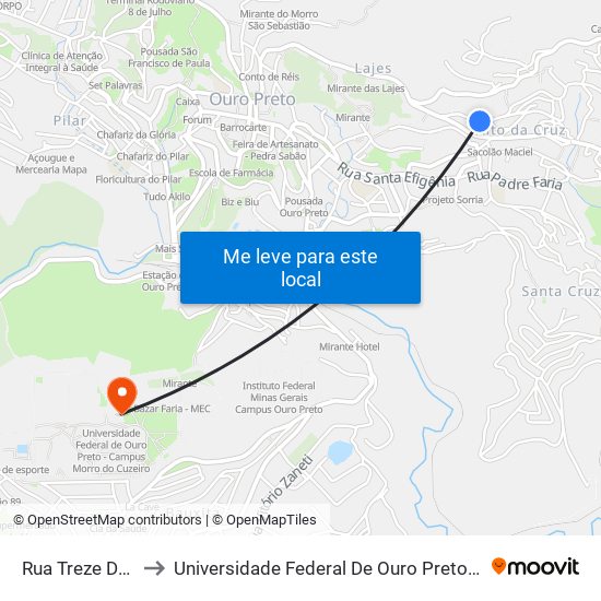 Rua Treze De Maio, 160 to Universidade Federal De Ouro Preto - Campus Morro Do Cuzeiro map