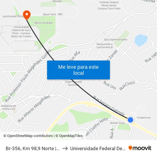 Br-356, Km 98,9 Norte | Ponto Final Das Linhas Do Cooperouro to Universidade Federal De Ouro Preto - Campus Morro Do Cuzeiro map