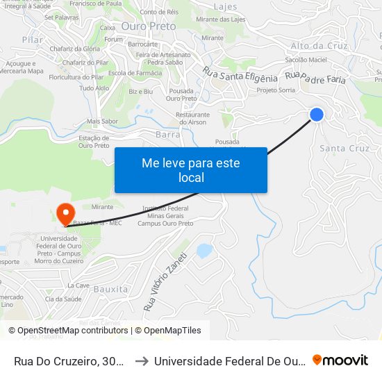 Rua Do Cruzeiro, 305 | Ponto Final Do Santa Cruz to Universidade Federal De Ouro Preto - Campus Morro Do Cuzeiro map