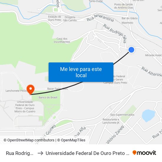 Rua Rodrigo Silva, 468 to Universidade Federal De Ouro Preto - Campus Morro Do Cuzeiro map