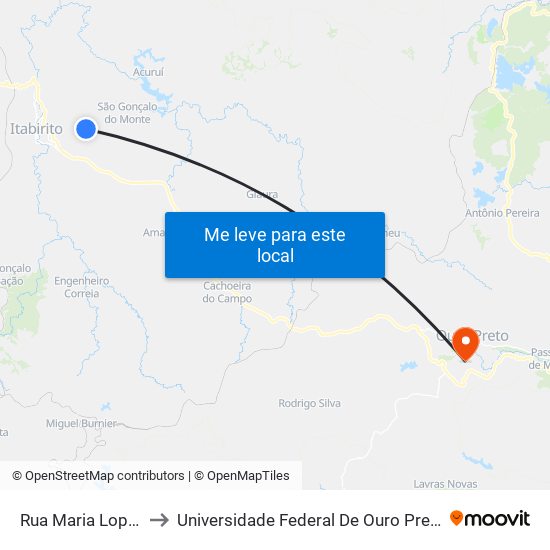 Rua Maria Lopes Pereira, 184 to Universidade Federal De Ouro Preto - Campus Morro Do Cuzeiro map