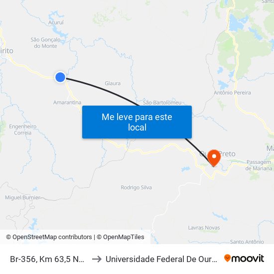 Br-356, Km 63,5 Norte | Entr. Para Maracujá to Universidade Federal De Ouro Preto - Campus Morro Do Cuzeiro map