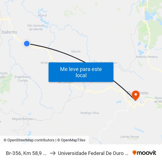 Br-356, Km 58,9 Norte | Laticínios Ita to Universidade Federal De Ouro Preto - Campus Morro Do Cuzeiro map