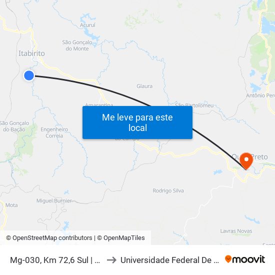 Mg-030, Km 72,6 Sul | Entr. Ita-020 Para Córrego Do Bação to Universidade Federal De Ouro Preto - Campus Morro Do Cuzeiro map