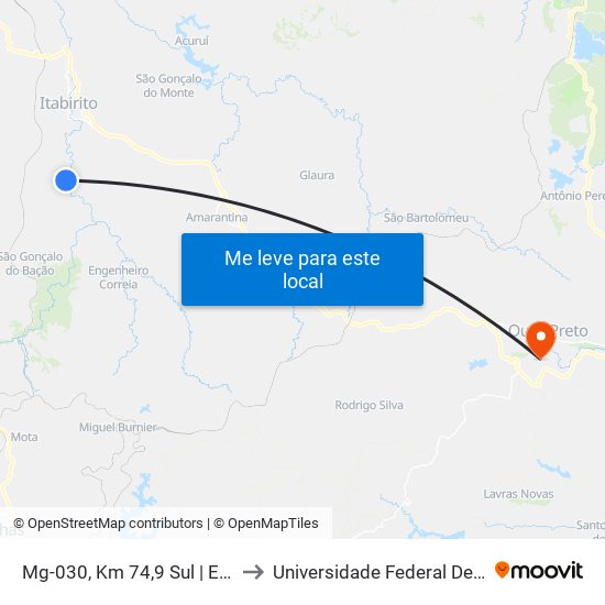 Mg-030, Km 74,9 Sul | Entr. Ita-330 Para São Gonçalo Do Bação to Universidade Federal De Ouro Preto - Campus Morro Do Cuzeiro map