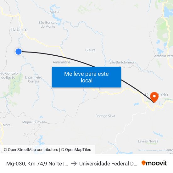Mg-030, Km 74,9 Norte | Entr. Ita-330 Para São Gonçalo Do Bação to Universidade Federal De Ouro Preto - Campus Morro Do Cuzeiro map