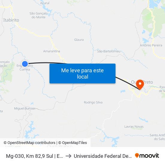 Mg-030, Km 82,9 Sul | Entr. Mg-440 Para Cachoeira Do Campo to Universidade Federal De Ouro Preto - Campus Morro Do Cuzeiro map