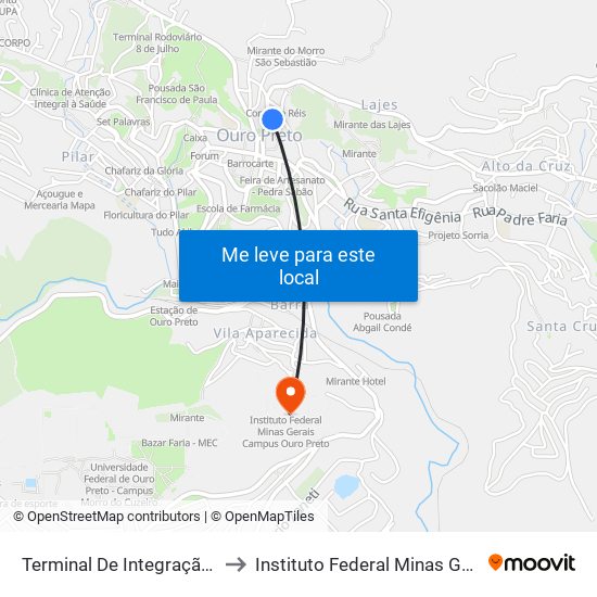 Terminal De Integração Barão De Camargos to Instituto Federal Minas Gerais Campus Ouro Preto map