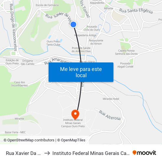 Rua Xavier Da Veiga, 60 to Instituto Federal Minas Gerais Campus Ouro Preto map