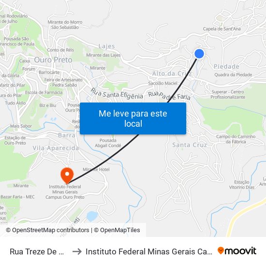 Rua Treze De Maio, 670 to Instituto Federal Minas Gerais Campus Ouro Preto map