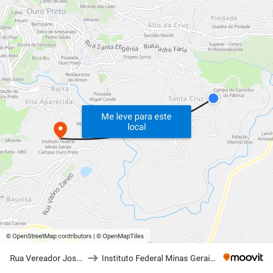 Rua Vereador José Teixeira, 261 to Instituto Federal Minas Gerais Campus Ouro Preto map