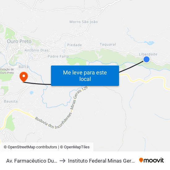 Av. Farmacêutico Duílio Passos, 2795 to Instituto Federal Minas Gerais Campus Ouro Preto map