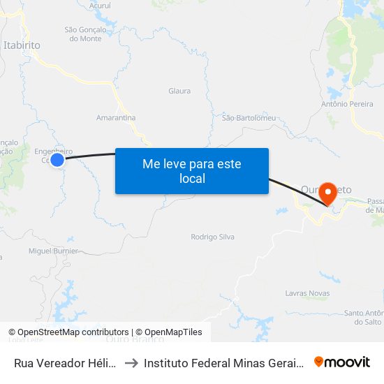 Rua Vereador Hélio Ferreira, 170 to Instituto Federal Minas Gerais Campus Ouro Preto map