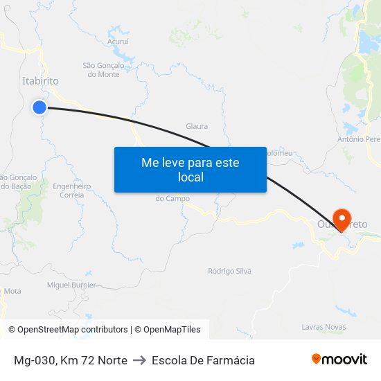 Mg-030, Km 72 Norte to Escola De Farmácia map