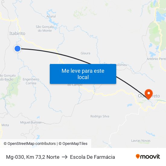 Mg-030, Km 73,2 Norte to Escola De Farmácia map