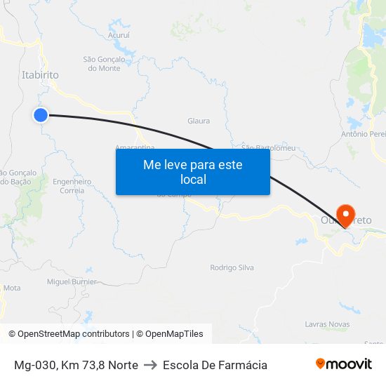 Mg-030, Km 73,8 Norte to Escola De Farmácia map