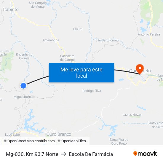 Mg-030, Km 93,7 Norte to Escola De Farmácia map