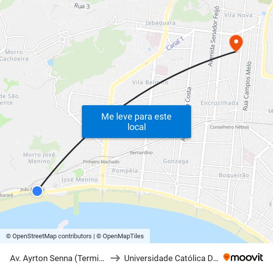 Av. Ayrton Senna (Terminal Praia) to Universidade Católica De Santos map