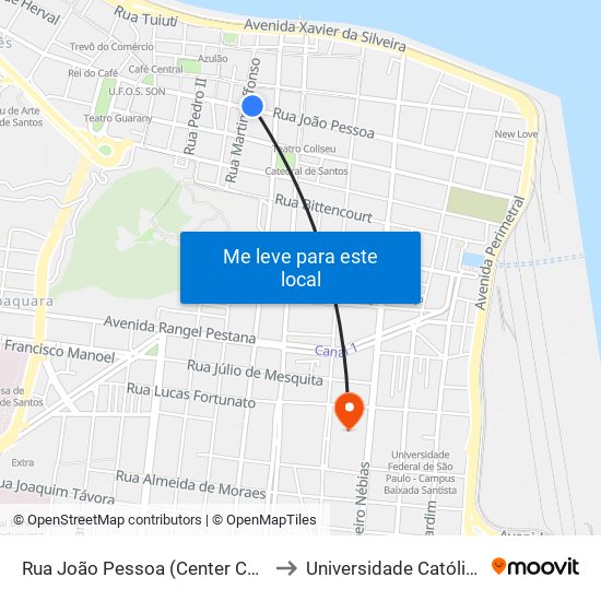 Rua João Pessoa (Center Carnes Boi Branco) to Universidade Católica De Santos map