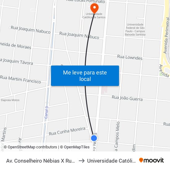 Av. Conselheiro Nébias X Rua Luís De Camões to Universidade Católica De Santos map