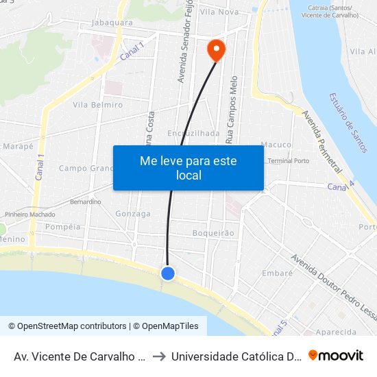 Av. Vicente De Carvalho (Canal 3) to Universidade Católica De Santos map