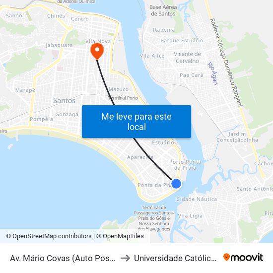 Av. Mário Covas (Auto Posto Ferry Boat) to Universidade Católica De Santos map