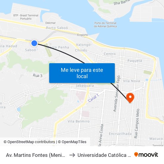 Av. Martins Fontes (Meninos Da Vila) to Universidade Católica De Santos map