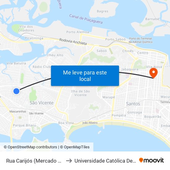 Rua Carijós (Mercado Carijós) to Universidade Católica De Santos map