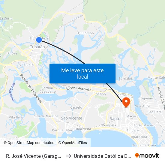 R. José Vicente (Garagem Cmt) to Universidade Católica De Santos map
