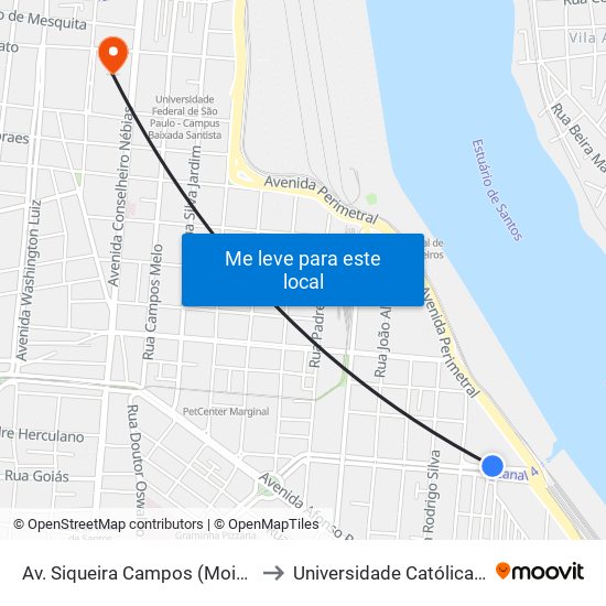 Av. Siqueira Campos (Moinho Pacífico) to Universidade Católica De Santos map