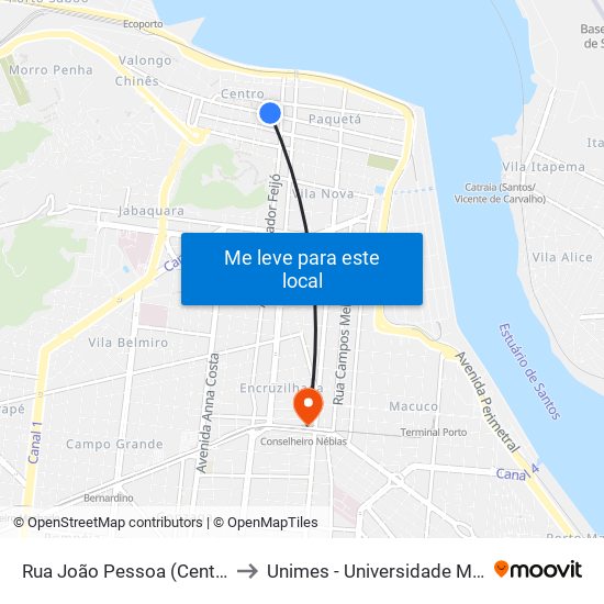 Rua João Pessoa (Center Carnes Boi Branco) to Unimes - Universidade Metropolitana De Santos map