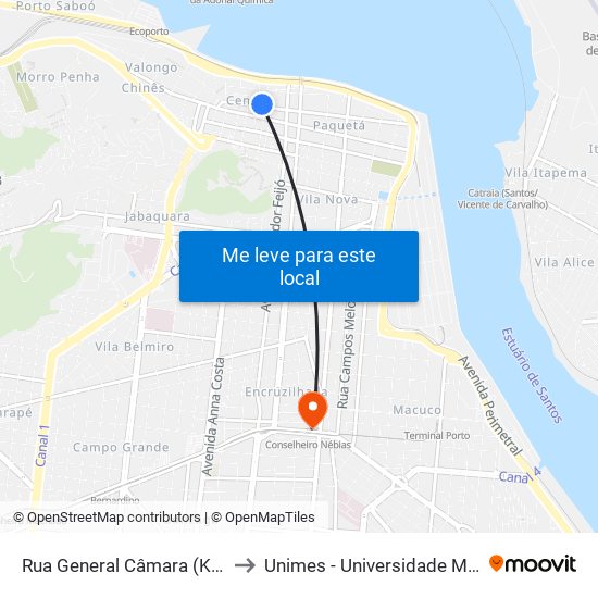 Rua General Câmara (Key Calçados/Couraro) to Unimes - Universidade Metropolitana De Santos map
