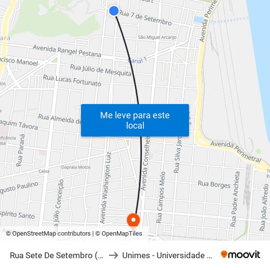 Rua Sete De Setembro (Escola Acácio De Paula) to Unimes - Universidade Metropolitana De Santos map