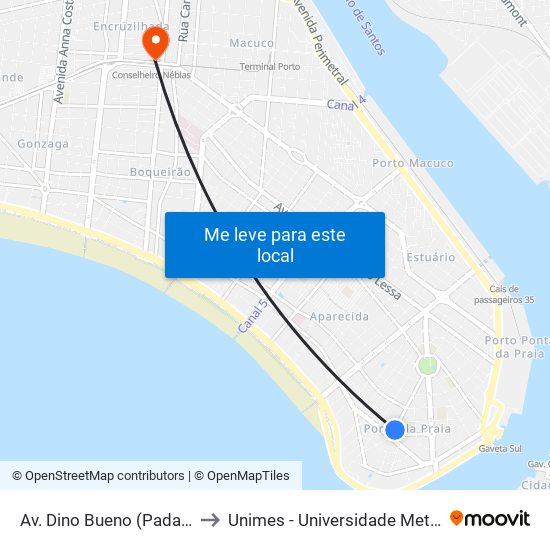 Av. Dino Bueno (Padaria Luar De Prata) to Unimes - Universidade Metropolitana De Santos map