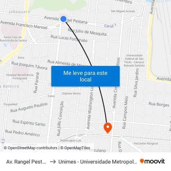 Av. Rangel Pestana (Usp) to Unimes - Universidade Metropolitana De Santos map