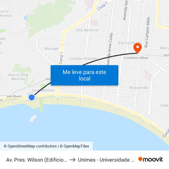 Av. Pres. Wilson (Edifício Marambaia/Igreja Peniel) to Unimes - Universidade Metropolitana De Santos map
