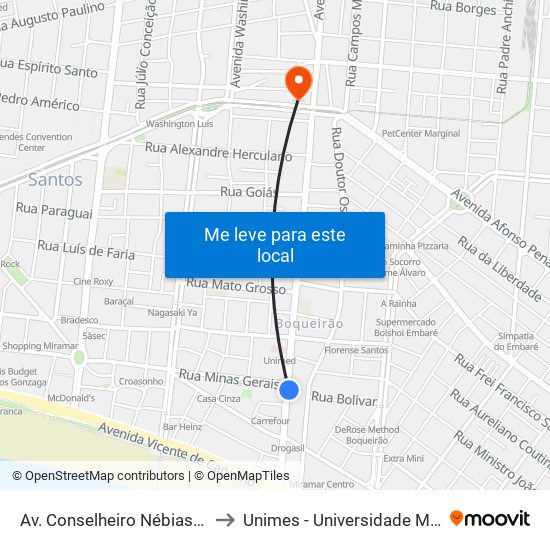 Av. Conselheiro Nébias (Colégio Stella Maris) to Unimes - Universidade Metropolitana De Santos map