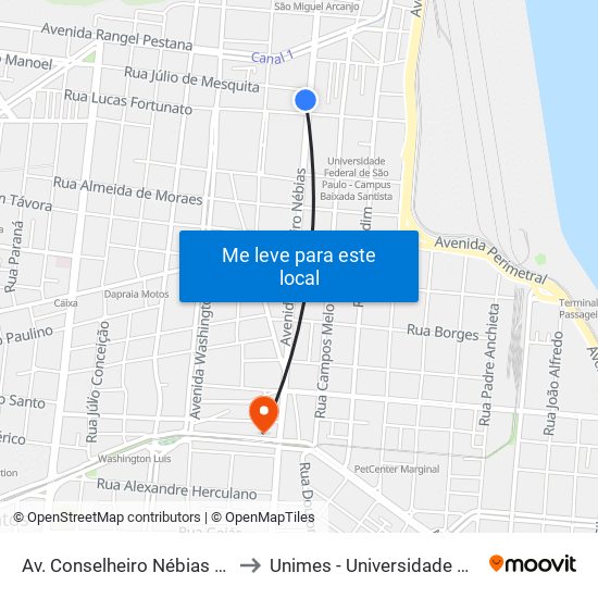 Av. Conselheiro Nébias X Rua Júlio De Mesquita to Unimes - Universidade Metropolitana De Santos map