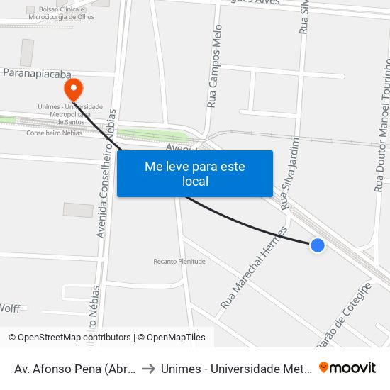 Av. Afonso Pena (Abrakadabra Buffet) to Unimes - Universidade Metropolitana De Santos map