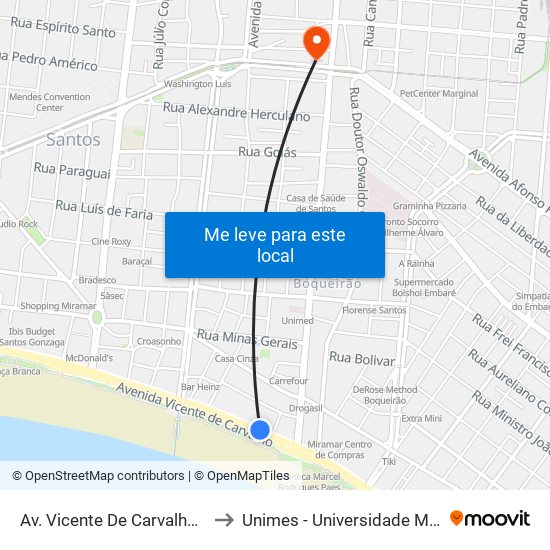 Av. Vicente De Carvalho X Rua Ângelo Guerra to Unimes - Universidade Metropolitana De Santos map