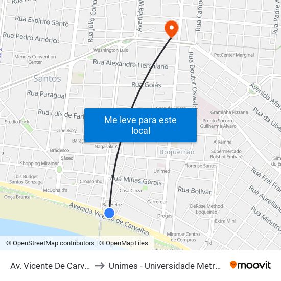 Av. Vicente De Carvalho (Canal 3) to Unimes - Universidade Metropolitana De Santos map