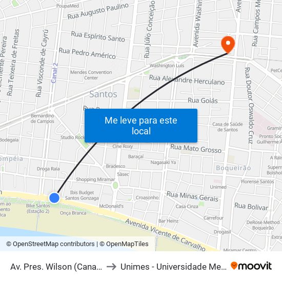 Av. Pres. Wilson (Canal 2) Intermunicipais to Unimes - Universidade Metropolitana De Santos map
