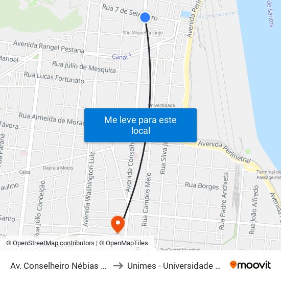 Av. Conselheiro Nébias X Rua Sete De Setembro to Unimes - Universidade Metropolitana De Santos map