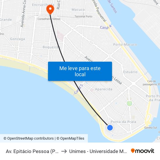 Av. Epitácio Pessoa (Praça Dante Alighieri) to Unimes - Universidade Metropolitana De Santos map