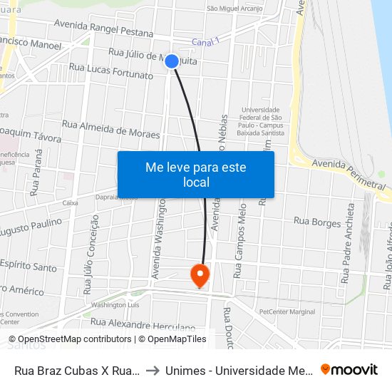 Rua Braz Cubas X Rua Júlio De Mesquita to Unimes - Universidade Metropolitana De Santos map